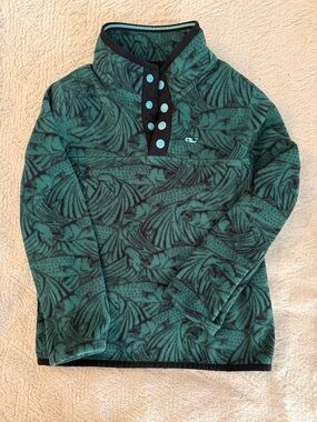 Vineyard Vines Green & Black Fish Print Kids Fleece Snap Pullover